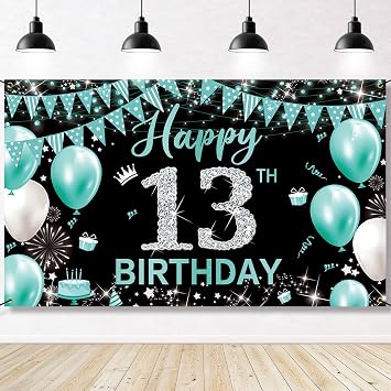 Happy 13th Birthday Decoration for Girls, Fabric 13th Birthday Banner Teal Blue Silver, Turquoise 13 Year Old Birthday Party Yard Sign Photo Booth Props Backdrop Decor, Sturdy6.1 x 3.6ft