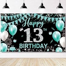 Happy 13th Birthday Decoration for Girls, Fabric 13th Birthday Banner Teal Blue Silver, Turquoise 13 Year Old Birthday Party Yard Sign Photo Booth Props Backdrop Decor, Sturdy6.1 x 3.6ft