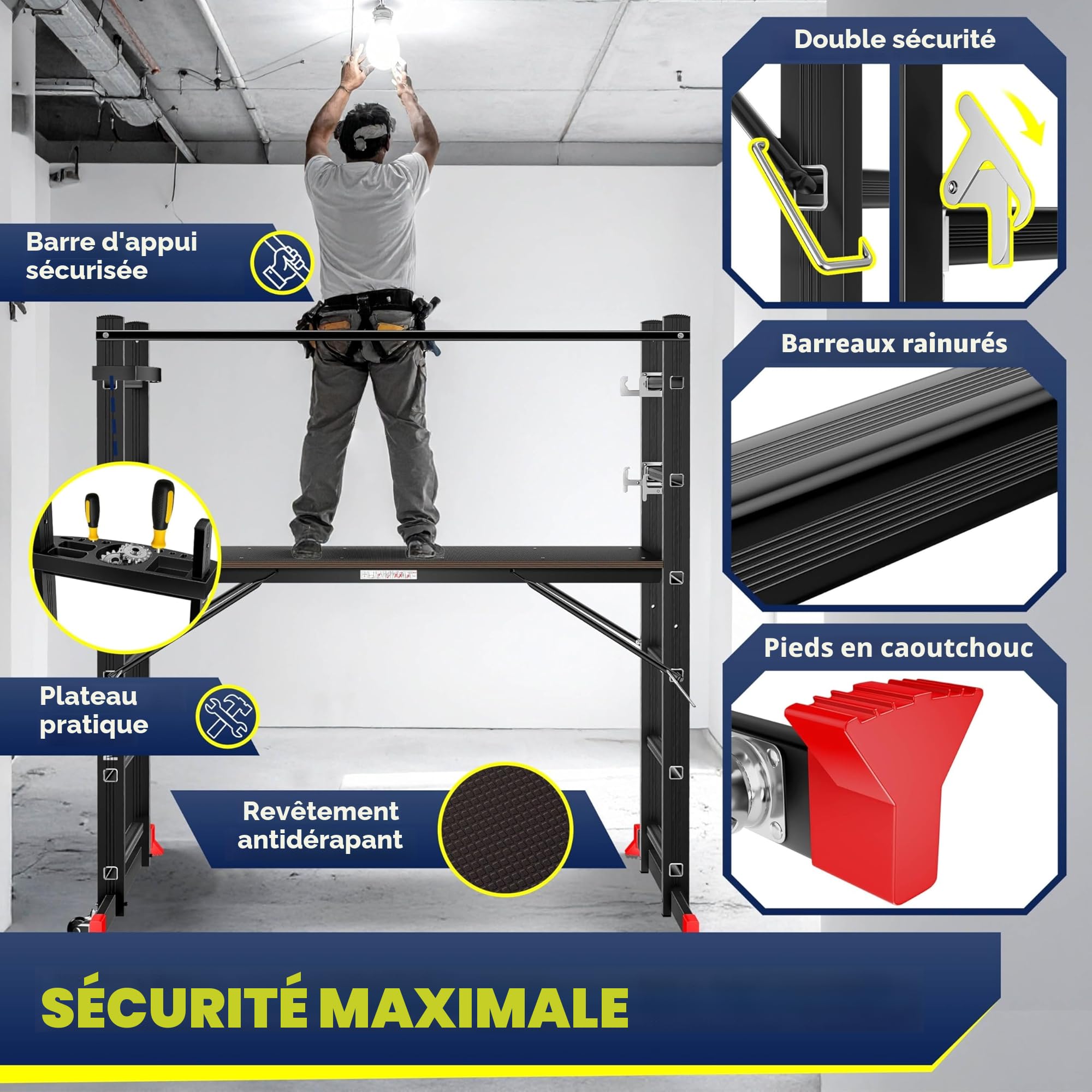 Masko® Echafaudage de Construction en Aluminium, Cadre en Aluminium, échelle, Cadre de Plate-Forme de Travail, jusqu'à 150 kg, revêtement antidérapant, échelle d'échafaudage, certifié GS (en 131)