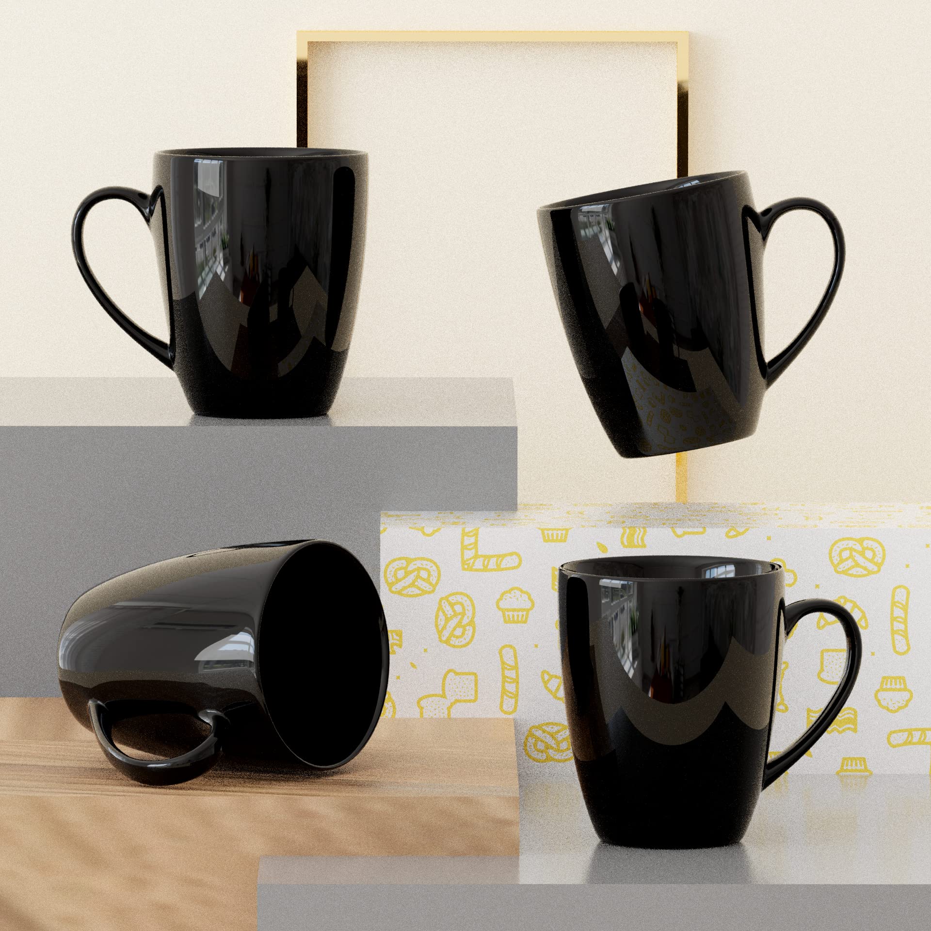 The Earth Store Black Shine Coffee Mug Set of 4 Ceramic Tea Mugs, Microwave Safe Tea Cups (280 ml Each)