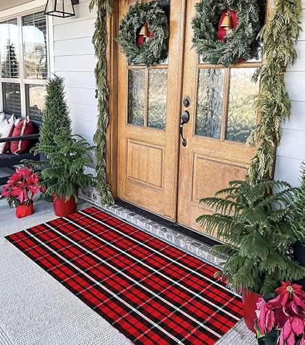 Miniatura 4 de Alfombras de Navidad para exteriores, 24 x 51 pulgadas, color negro y rojo, alfombra de porche frontal tejida a mano, lavable a máquina, para