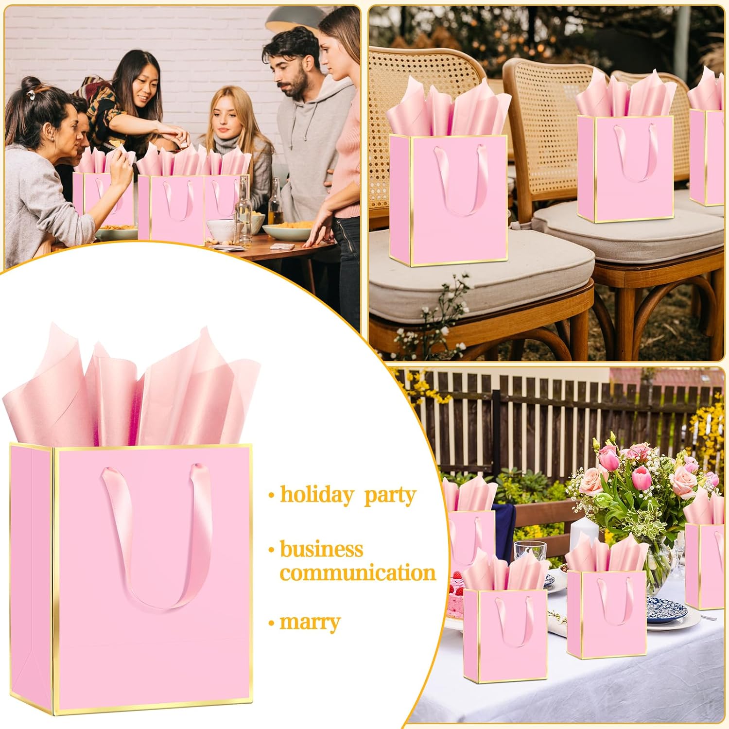 Epoesch Premium Metallic Paper Gift Bags with Handles and Tissue Paper, 8"x5"x10" Inch Dark Blue Gold Edge Welcome Gift Thank You Bags (Pink Gold, 1 Count (Pack of 12)) - Image 6