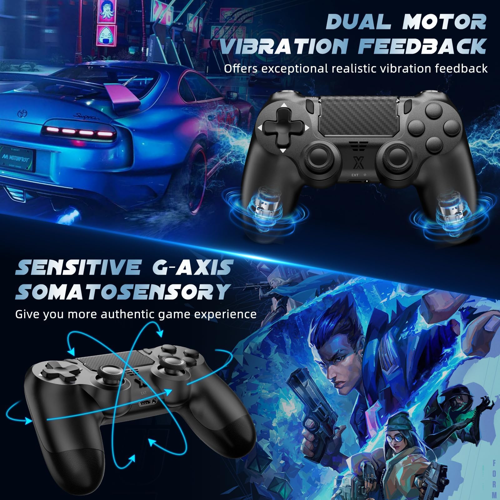 Glitfix Wireless Controller for PS-4, Upgraded Controller Wireless for PS-4/Slim/PC, Bluetooth Gamepad Joystick with Dual Vibration/Touch Panel/ 3.5mm Audio Jack/Six-Axis/Ergonomic(Black) — view 2