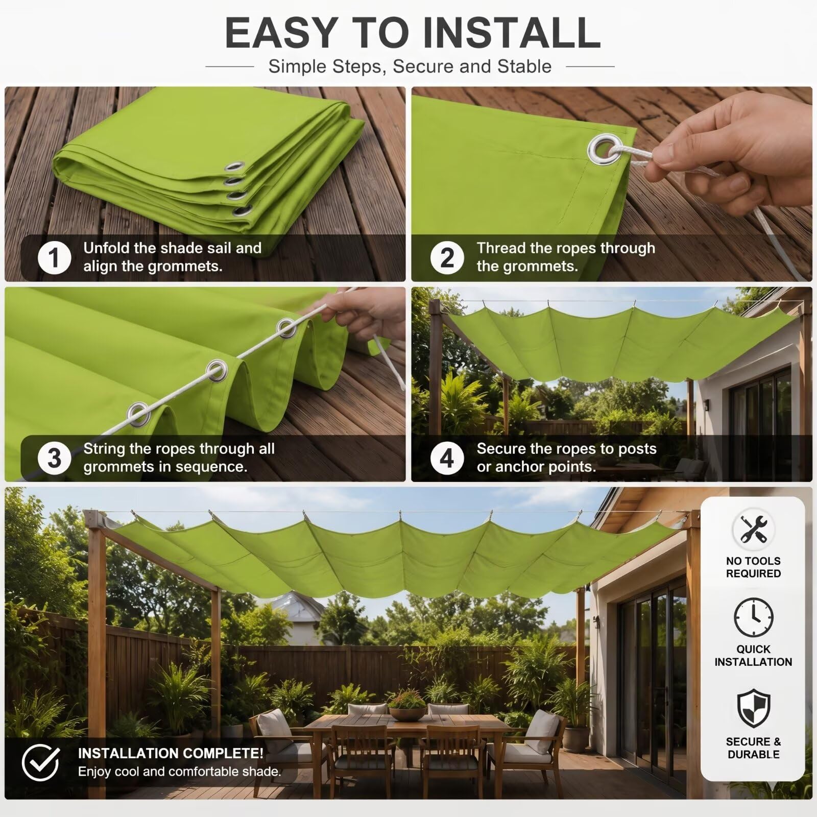 Vela Sombra Rectangular Ondulada 100x550cm Retráctil Impermeable Toldo Exterior Malla de Sombreo Jardín Verde
