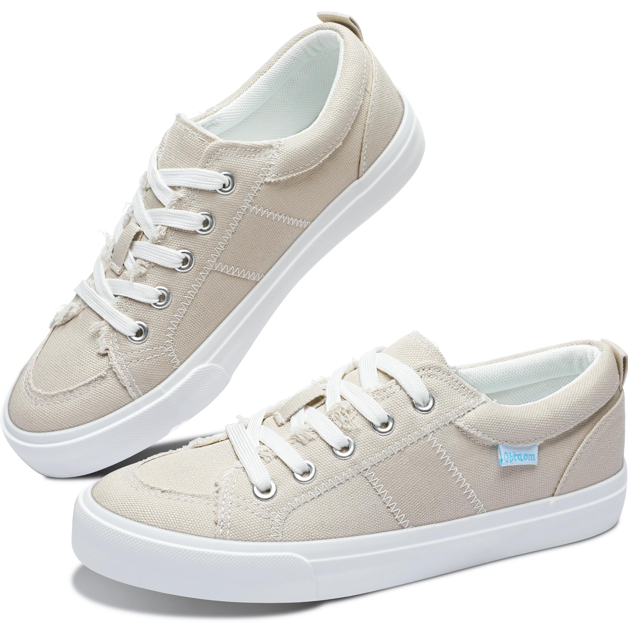 Obtaom Women's White Play Fashion Sneakers Cute Lace up Canvas Shoes Low Top Washed Canvas Flat for Lady