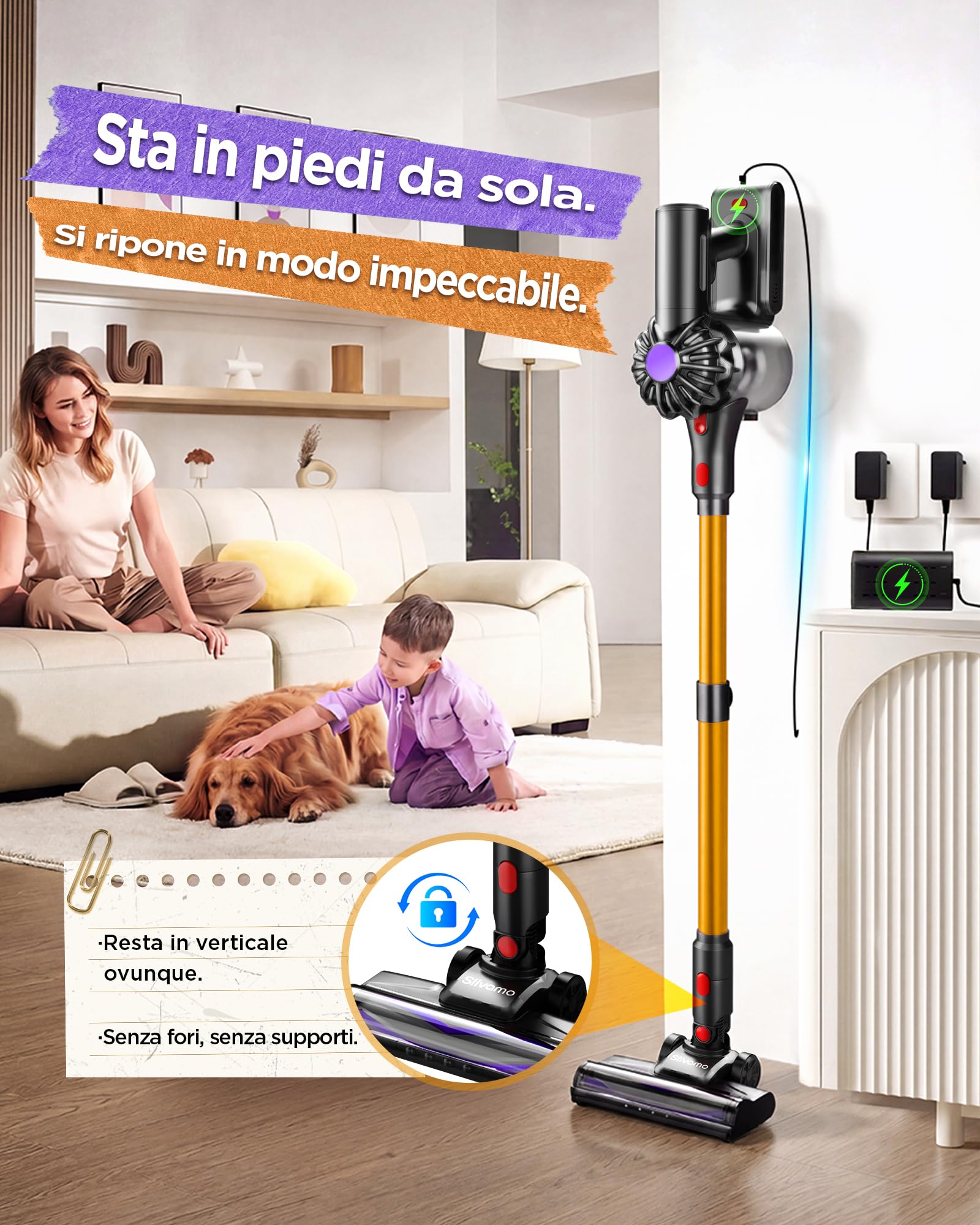 S16 Aspirapolvere Senza Fili, 50kPa/600W/45min, Batteria Rimovibile, Scopa Elettrica Leggero con Luce LED Verde, Autoportante, per Peli Di Animali/Pavimenti Duri, Arancione
