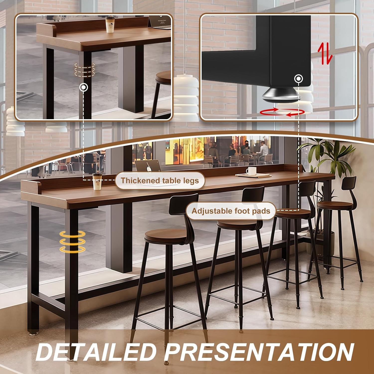Farmhouse Rectangle Bar Table with Metal Legs, 47 Inch Long Solid Wood Counter Height Tables, 2 Inch Thick Rustic Industrial Pub Table for Kitchen, Coffee Shop, Walnut, No Chairs
