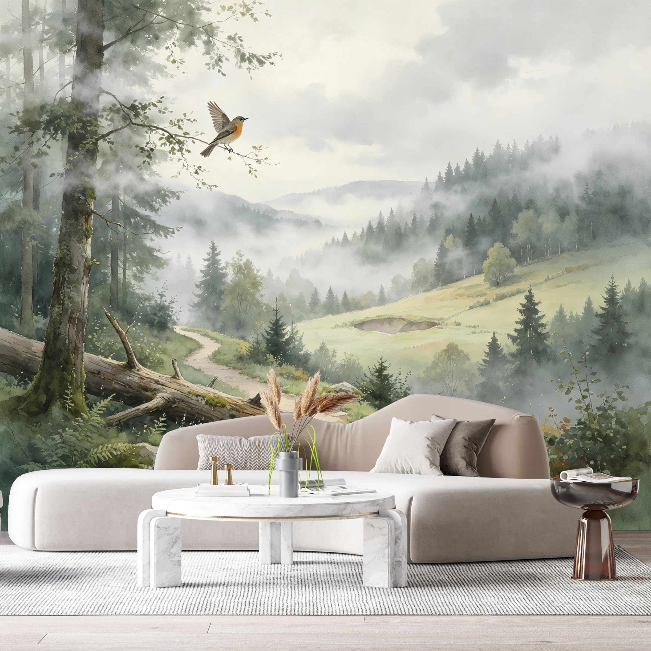 Custom Size Wall Murals Mist Forest Landscape Watercolor Bird Trail SelfAdhesive Wall Fabric Removable Large Wallpaper for Photo Living Room Decor Background