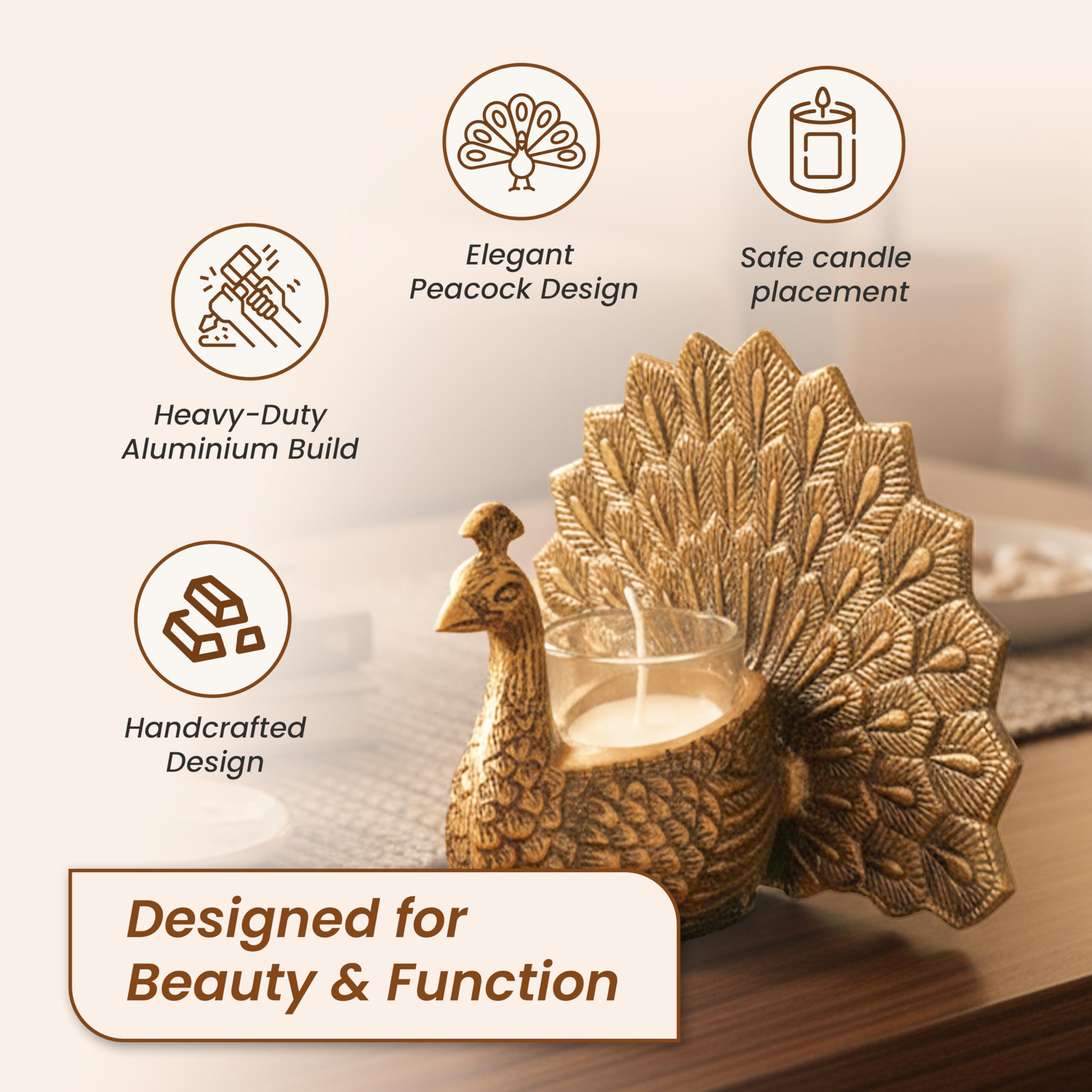RAYLUXE Gold Metal Peacock Candle Holder Gift Set with Scented Votive Candle & Premium Gift Box | House Warming Gifts New Home | Wedding Gifts for Marriage Couple | Home Decor Gift for Women 3