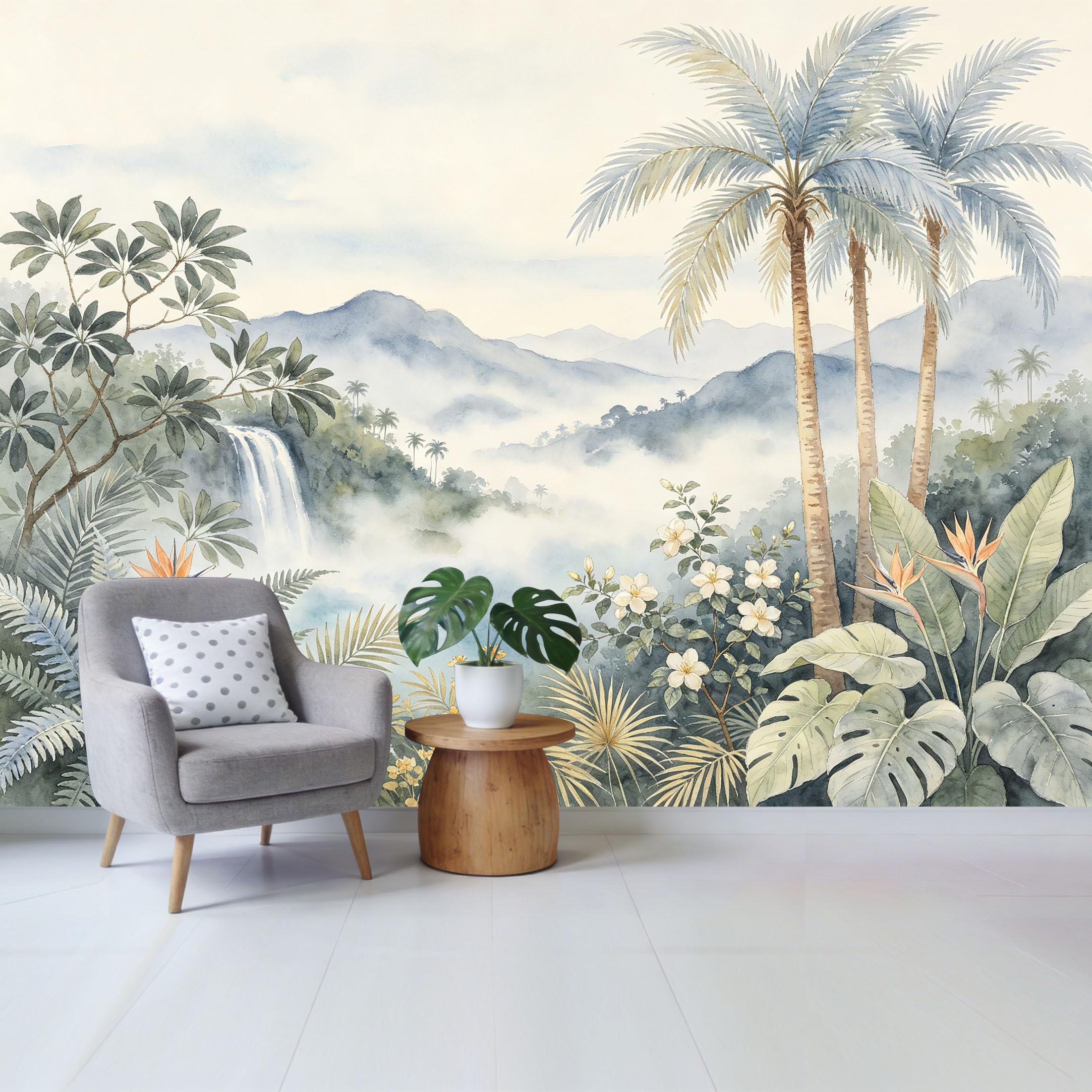 Custom Size Wall Mural Watercolor Tropical Rainforest Mountain Waterfall Palm Leaves Removable Self Adhesive Fabric Home Wall Decor for Living Room Bedroom Bathroom