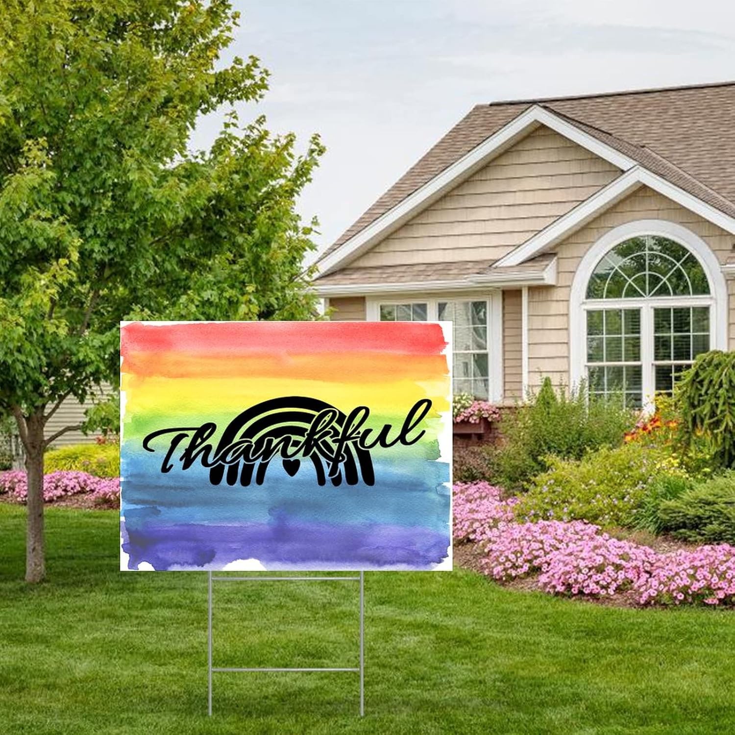 Progress Pride LGBTQ Yard Sign Thankful Equality Rainbow Sign with Metal H Stake USA American Pride Rainbow Yard Sign for Outdoor House Yard Lawn Decor 18x24 Inch