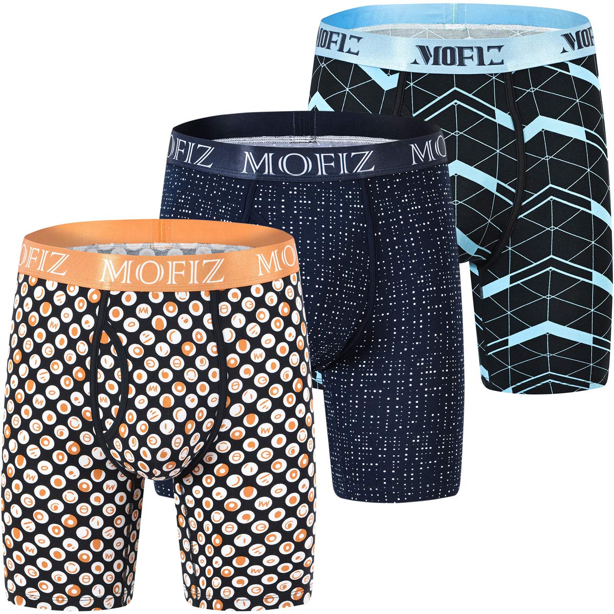 Mens Bamboo Long Leg Boxer Briefs 3D Pouch Printed Underwear for Men 3-Pack