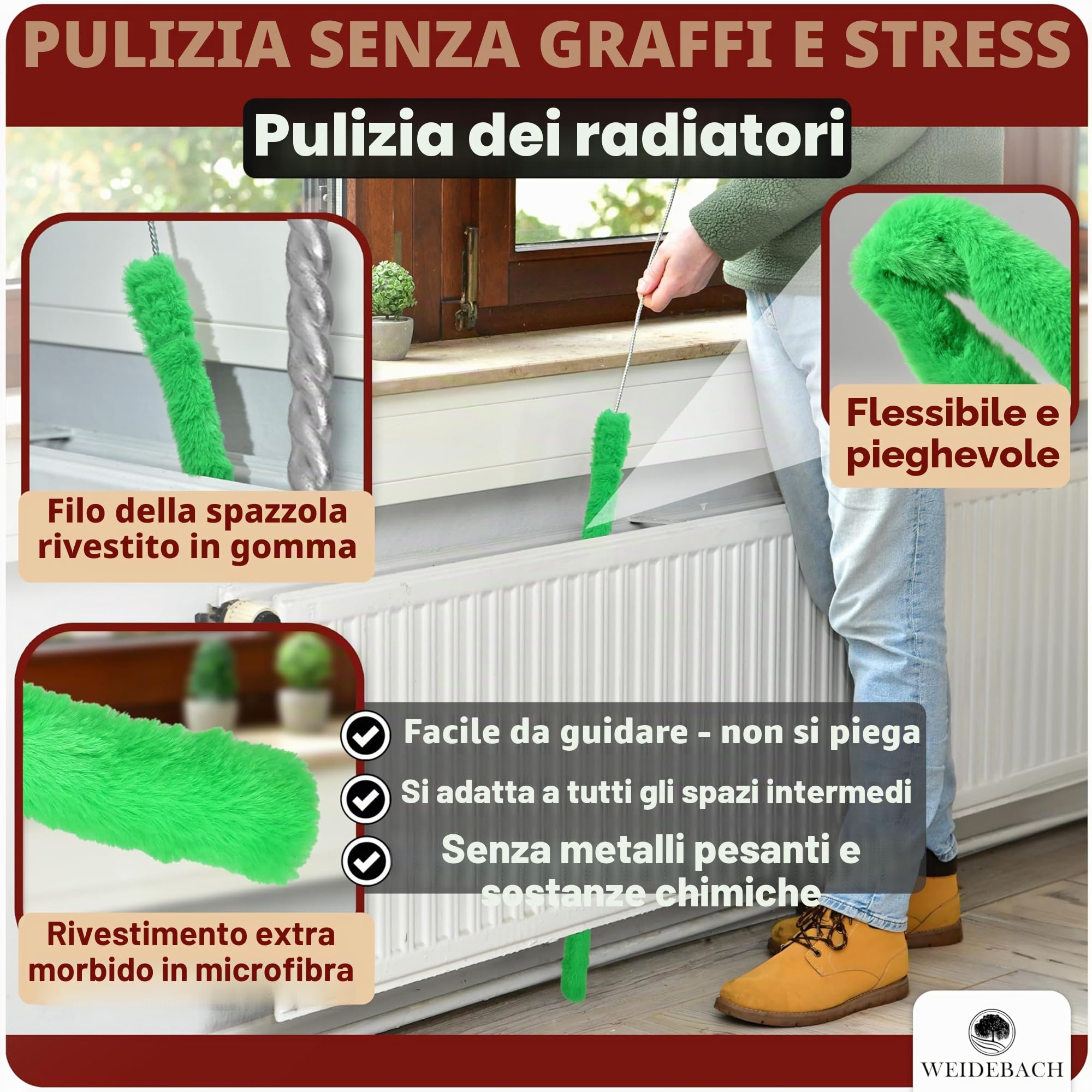Weidebach Spazzola per radiatori V. 3.0, lunghezza totale 125 cm, spazzola in microfibra da 110 cm, per la pulizia del radiatore, senza peli di animali, spazzola per radiatori viene fornita in ogni