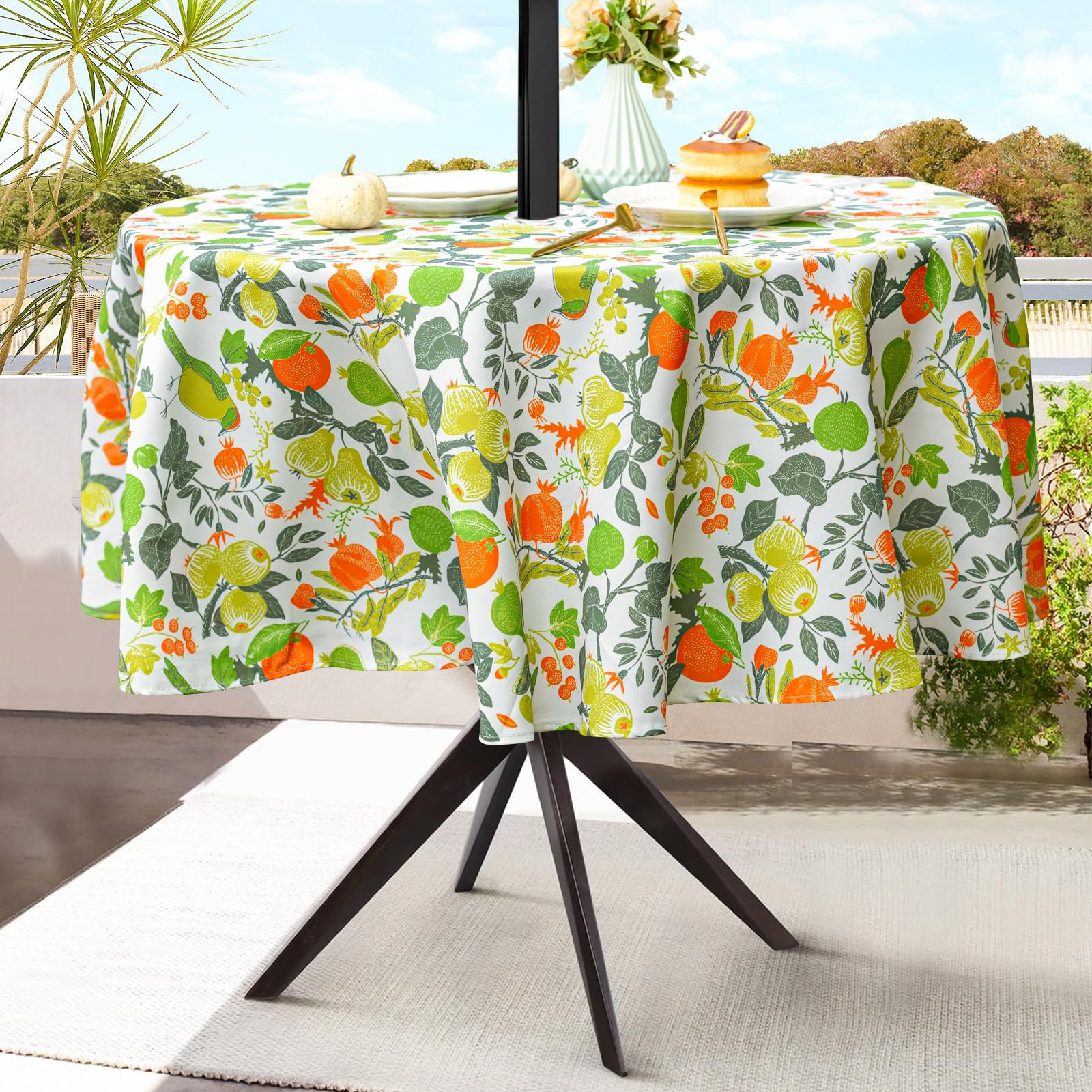 UMINEUX Outdoor Tablecloth with Umbrella Hole and Zipper, Spring/Summer Waterproof Table Cover for Picnic/BBQ/Garden(60" Round,Pomegranate Blossom)