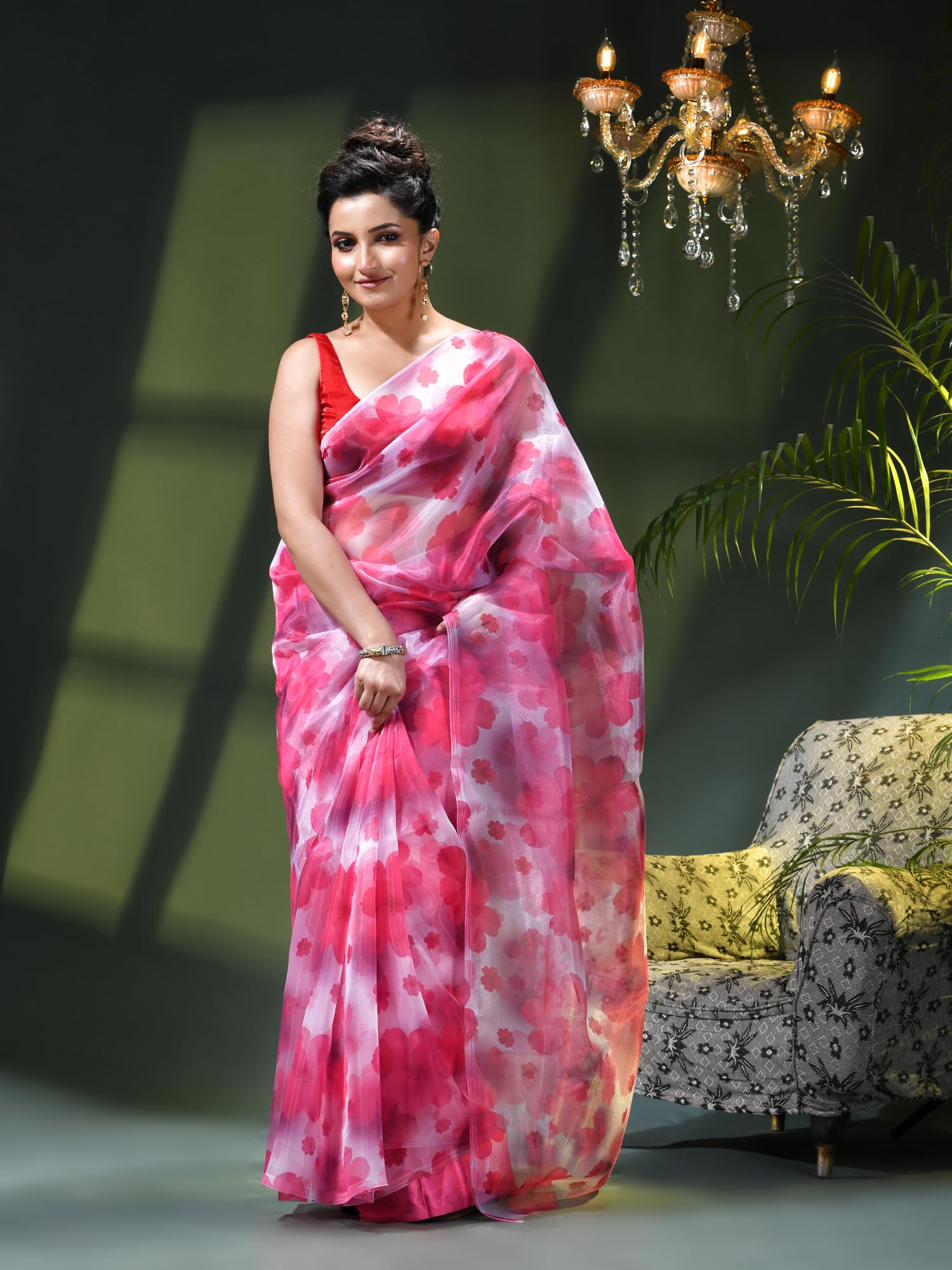 db desh bidesh Desh Bidesh Organza Printed Pink White Festive Ethnic Saree For Women-picture-26