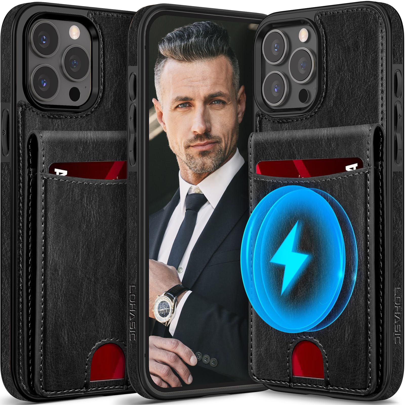 LOHASICWallet Case for iPhone 15 Pro Max, 6 Card Holder, Compatible with MagSafe, Detachable Vertical Magnetic Back, Classy PU Leather ProMax Phone Cover for Men Women, 6.7 Inch, 5G, 2023 - Black