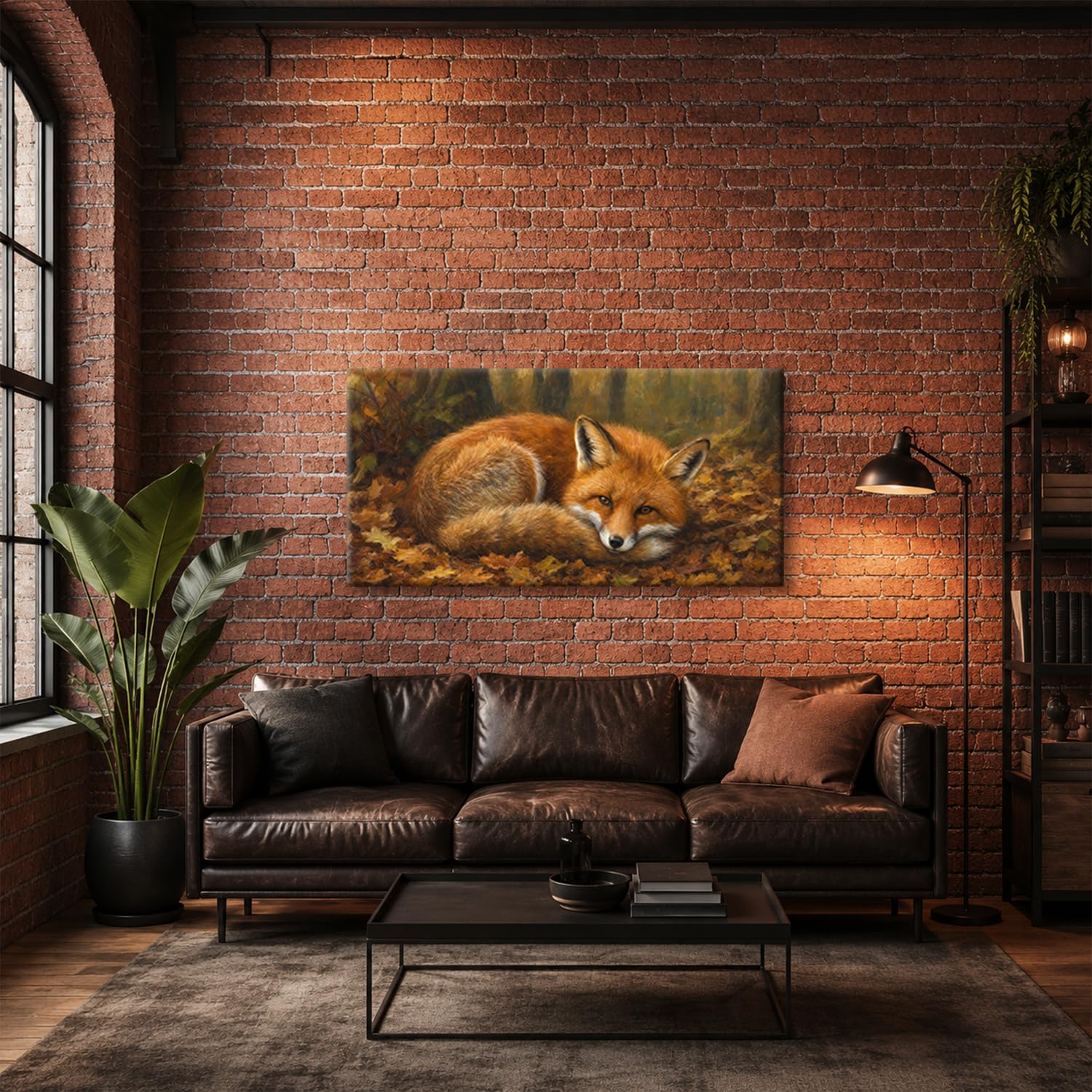 deyoli Obraz na płótnie Uśpiony lis w jesiennych liściach 60 x 30 cm kolorowy