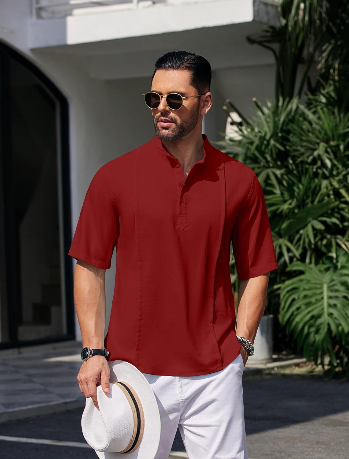 COOFANDY Men's Henley T-Shirts Short Sleeve Casual Button Henley Shirts Band Collar Tee Summer Beach Hippie Shirts - Image 3