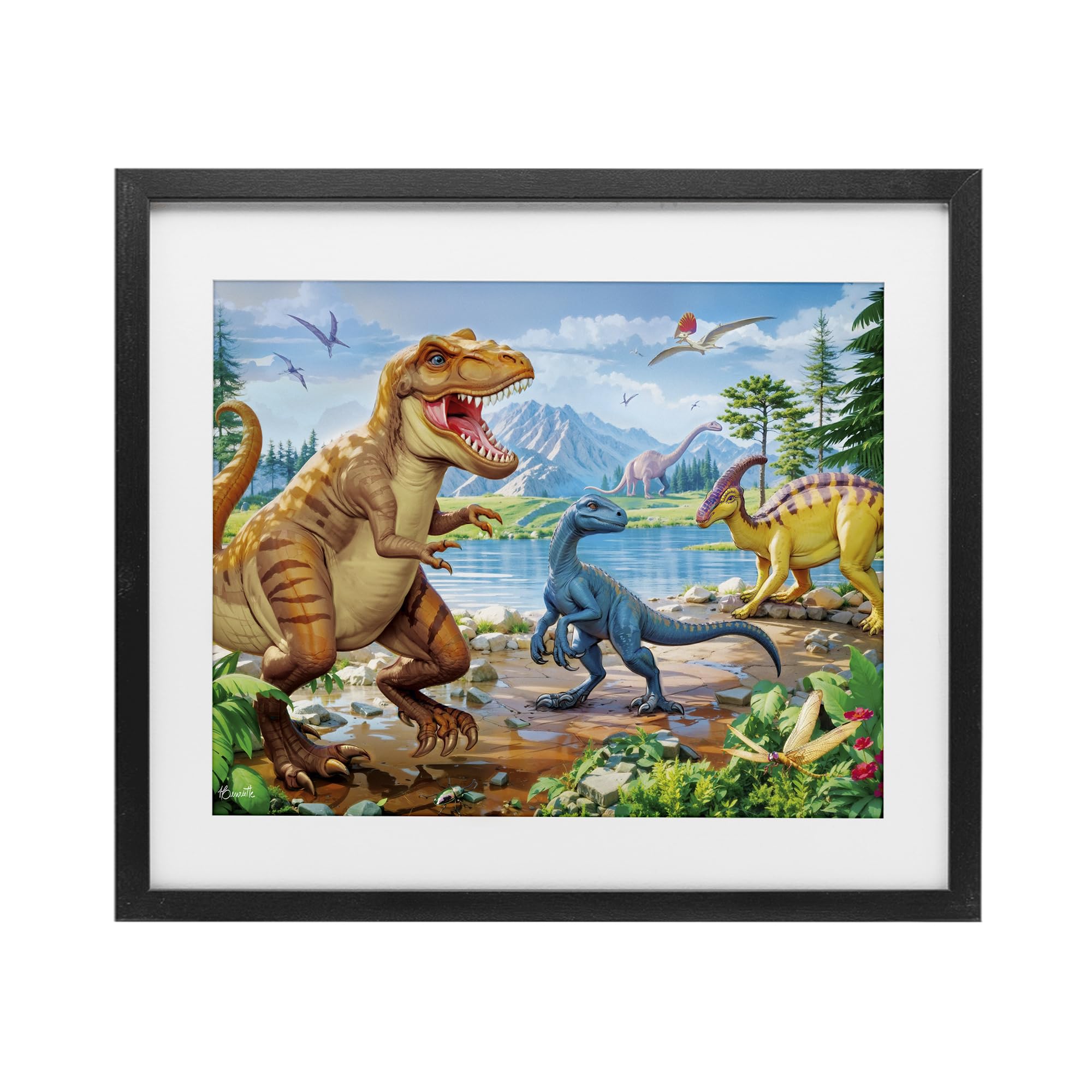 Stupell Industries Midnight Black (Textured) 'Lush Jurassic Lakeside'| Framed Print Under Glass