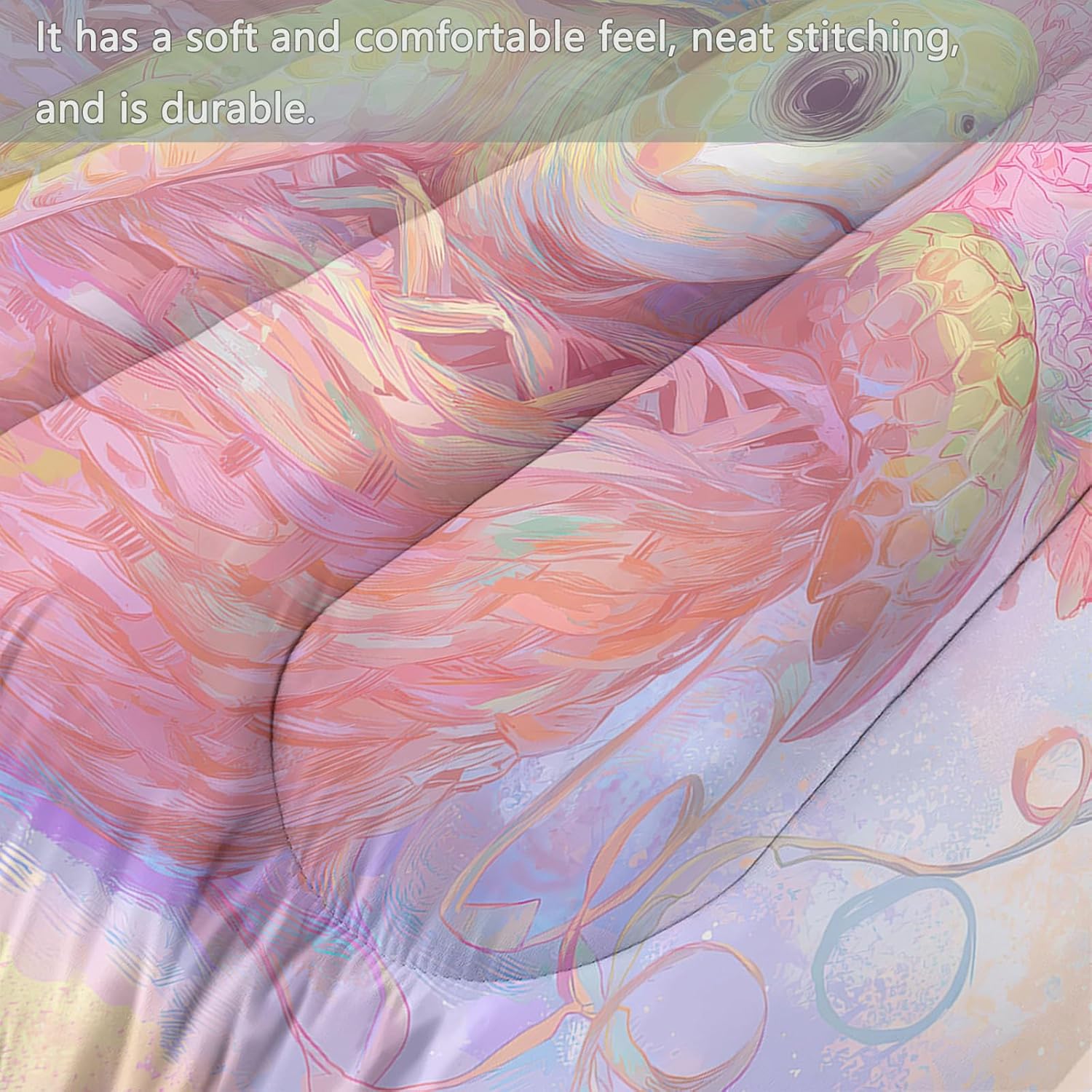 Comforter Set with 1 Pillow Sham, 2 Piece Soft Microfiber Twin XL Bed Comforter, Cartoon Turtle Flowers Printed Kids Bedding for Boys and Girls, Breathable, Easy Care, Pink