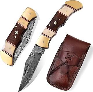 Handmade Damascus Pocket Knife for Men Folding Knife with Sheath for Outdoor, Camping, Hiking Unique Gift for Husband, Boyfriend - BNAZIND