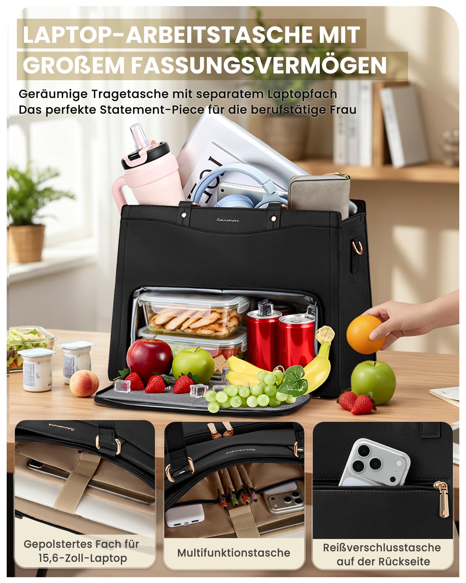 RAINSMORE Lehrertasche Damen mit Kühlfach 15,6 Zoll Laptoptasche Arbeitstasche Damen Groß PU Leder Business Handtasche mit Lunchfach Wasserdicht für Büro Uni Schule Schwarz