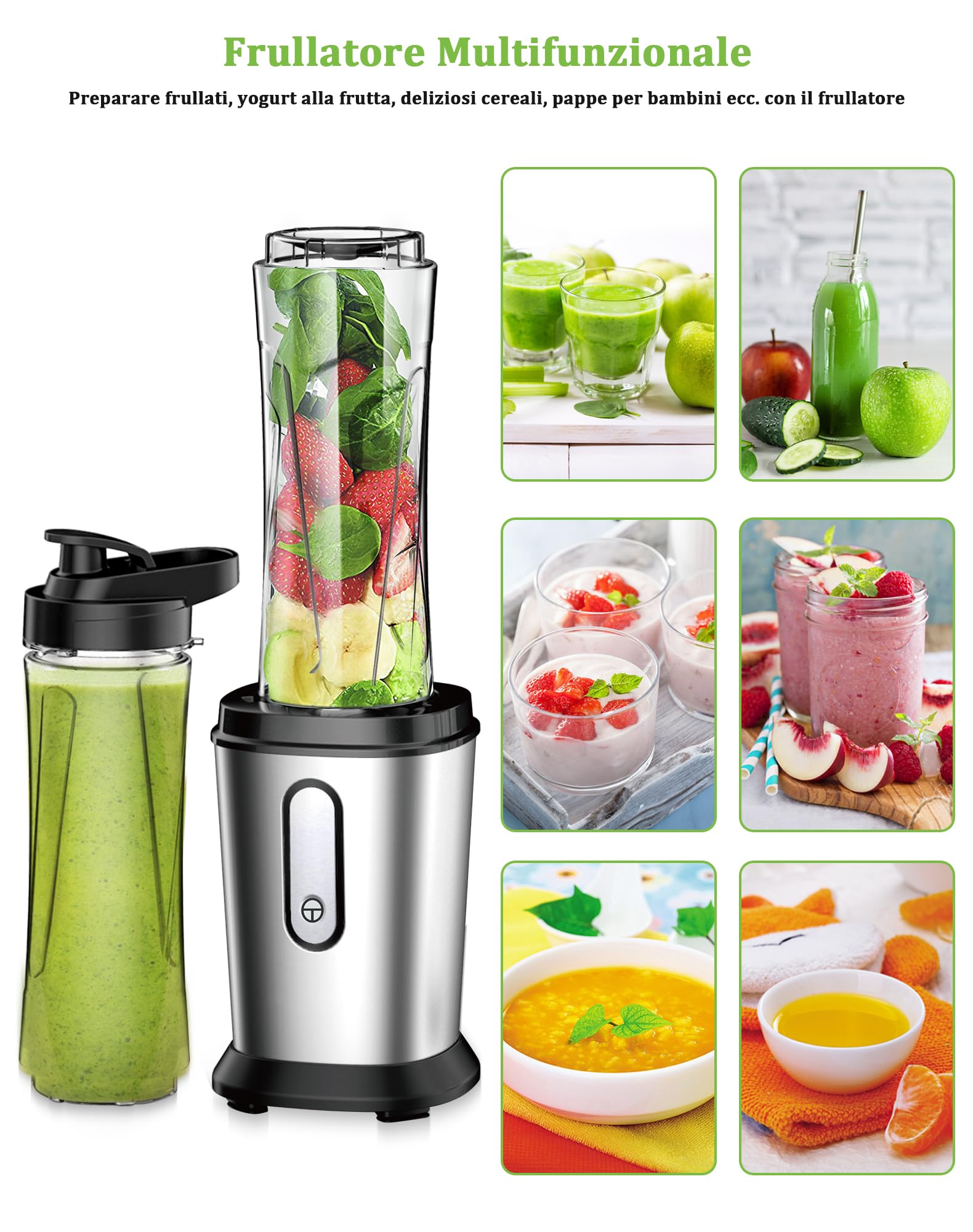 Frullatore, 500W Mini Portatile Frullatore Smoothie con 2 Bottiglie Portatili 600ml, Frullatore Tritatutto Multifunzione per Gelato, Frutta, Verdura (Argento E Nero)
