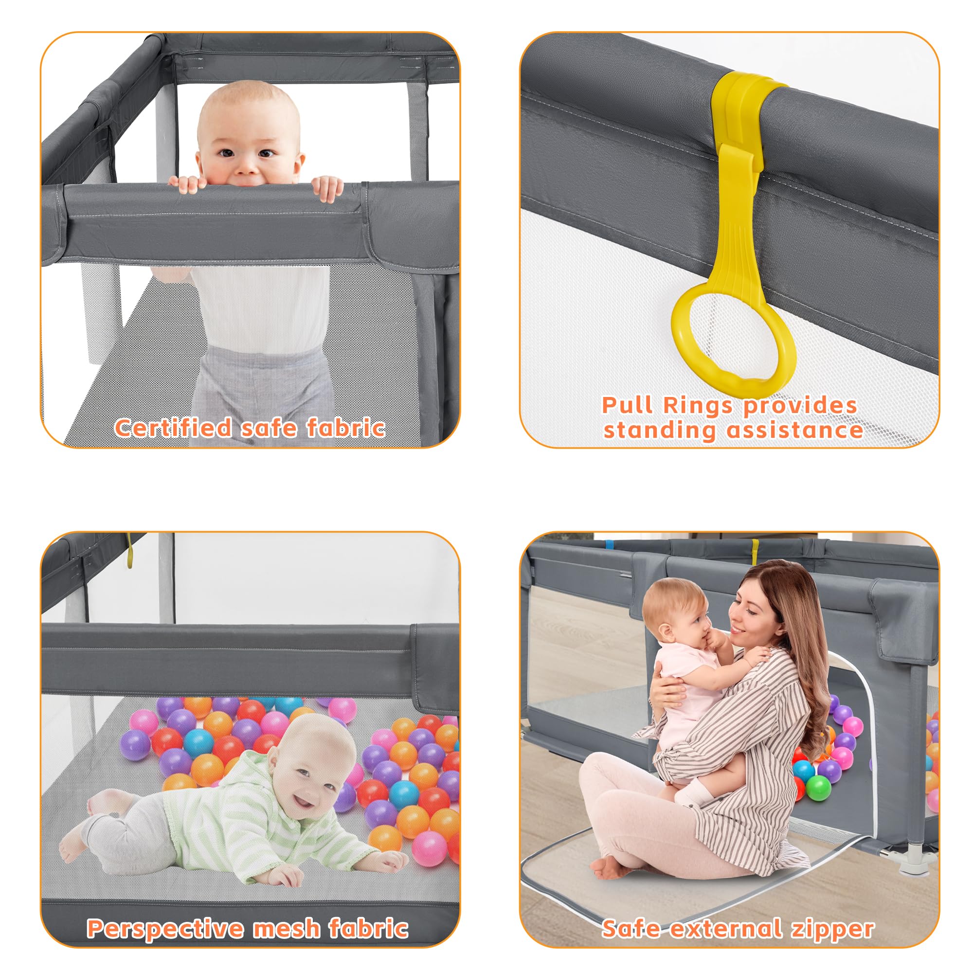 OUUTMEE Laufstall Großer Babyzaun,Laufstall mit rutschfester Basis, Grauschwarz 150x150cm