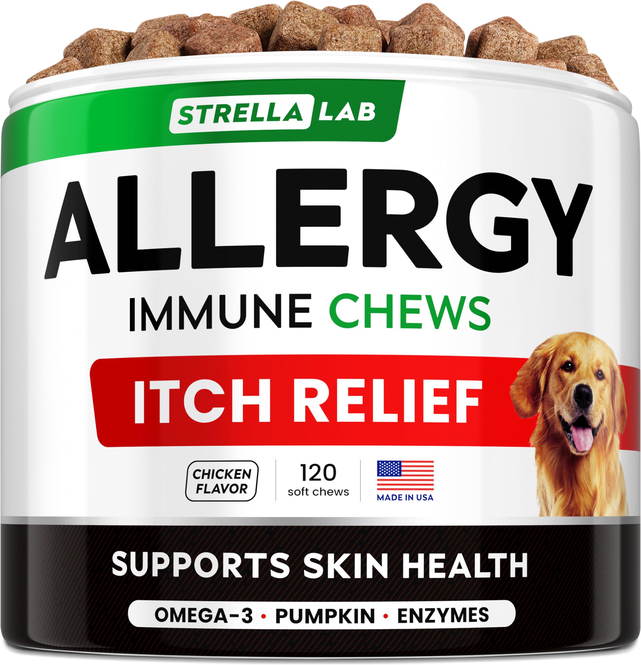 StrellaLab Dog Allergy Relief & Anti Itch Support Chews w/Omega 3: Real Ingredients, Real Taste! Skin & Coat Immune Supplement w/Fish Oil, Pumpkin & Enzymes — Developed by Experts - Made in USA -120Ct