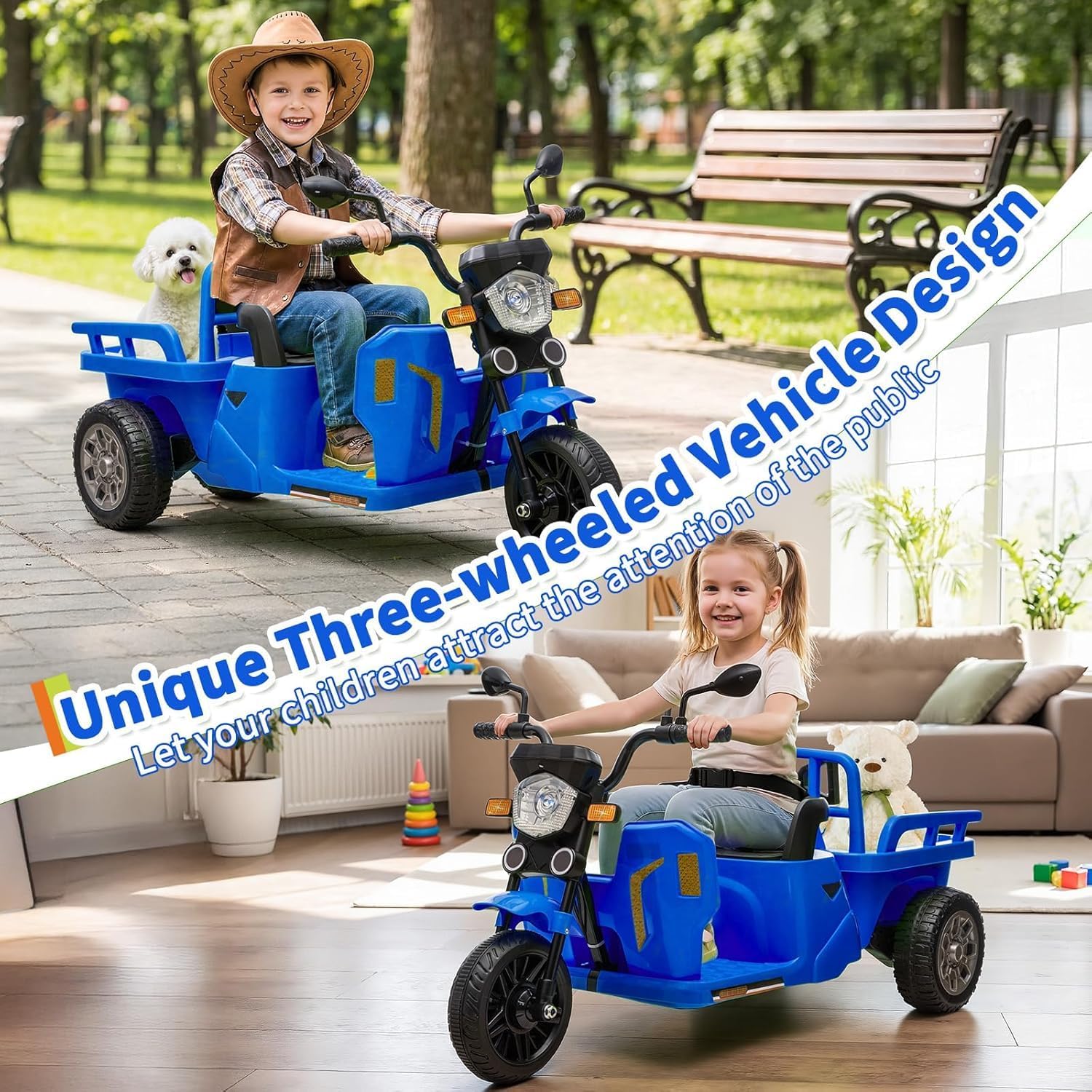 Elektrischer Traktor mit Anhänger 12V, Tuk-Tuk für Kinder, Dreirad, Musik, LED, Hupe – Elektrisches Kinderfahrzeug, Outdoor Spielzeug, 3-6KM/H, Elektro-Trike für Kinder von 3–8 Jahren