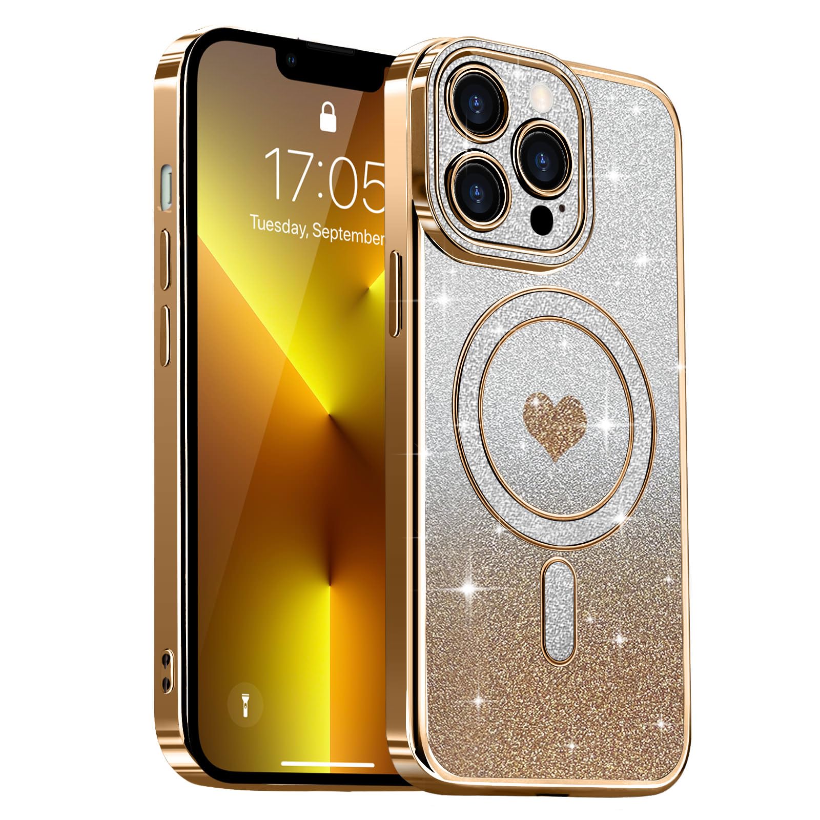 Lafunda Magnetic for iPhone 13 Pro Case Glitter, Cute Love Heart Plating Luxury Sparkle Bling Clear Cover for Women Girls Slim Silicone Camera
