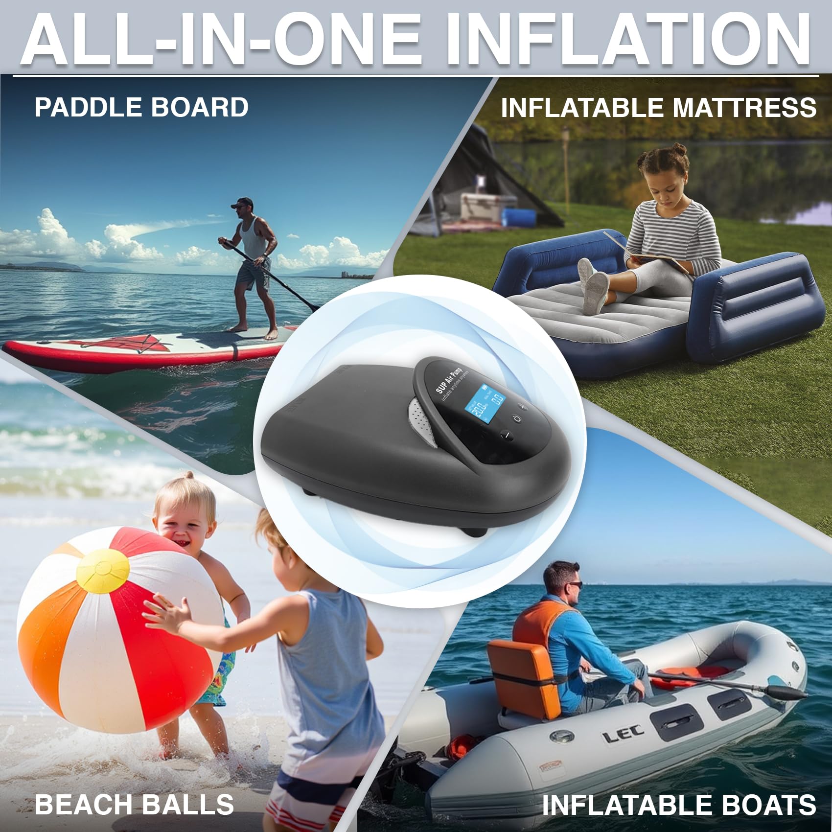 TONSIM Pompa Elettrica SUP Ricaricabile 20 PSI - Gonfiaggio e Sgonfiaggio Veloce, Batteria Integrata, Adattatore 12V per Auto, Ideale per SUP, Kayak e Gommoni