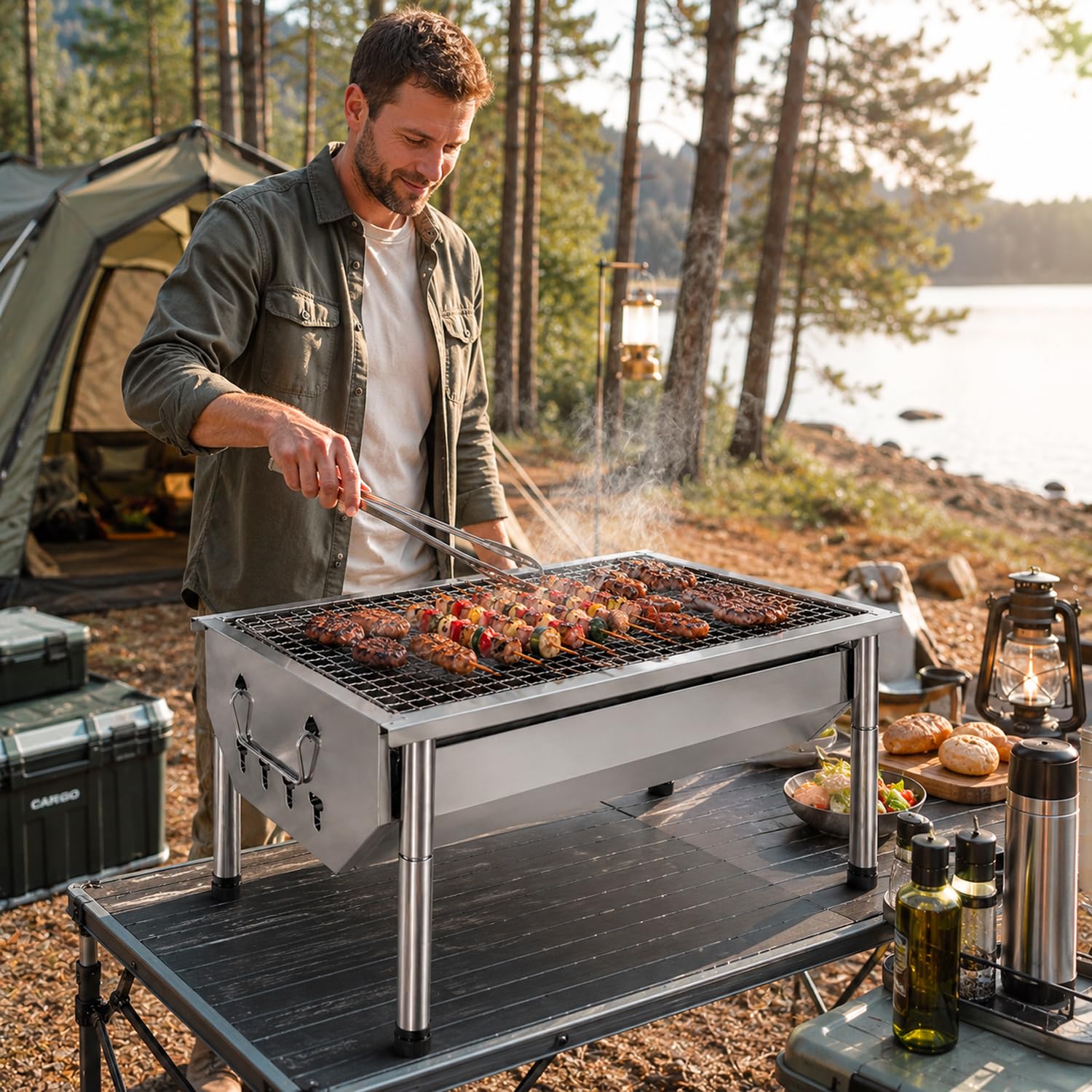 Barbecue A Carbone Portatile In Acciaio Inox Con Griglia Smontabile Gambe Regolabili Design Salvaspazio Per Campeggio Picnic Giardino Outdoor 40 X 28 X 21.5 Cm Acciaio