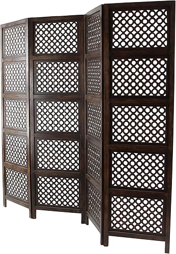 Miniatura 9 de Deco 79 Partición plegable de madera floral hecha a mano con bisagras 4 paneles con diseños intrincadamente tallados, 80 x 1 x 72 pulgadas, marrón