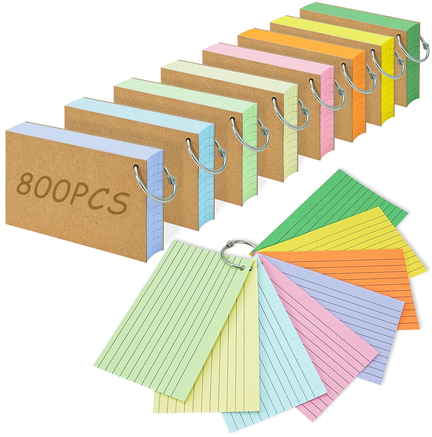 800 PCS Index Cards, 3x5 Inches Colored Flash Cards with Ring, Lined Notecards Ruled Study Card Flashcards Heavy Note Cards for Studying, Learning, School, College…