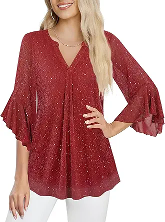 Ninedaily Womens Tops 3/4 Sleeve Dressy Casual Blouses Double Layers V Neck Shirt