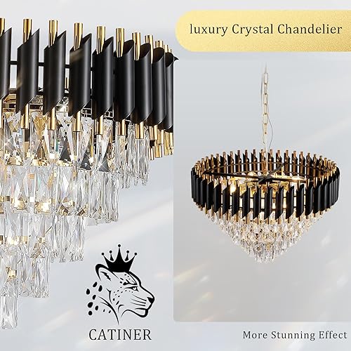 Miniatura 8 de CATINER Moderno candelabro de cristal contemporáneo de 24 pulgadas, iluminación colgante redonda negra con 5 niveles para sala de estar, entrada,