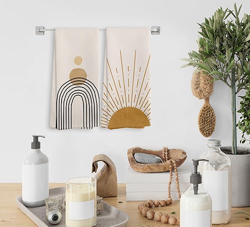 Miniatura 4 de Juego de 2 toallas de cocina y paños de cocina bohemios abstractos con diseño de amanecer y atardecer, diseño bohemio, para baño, cocina, 16 x 24