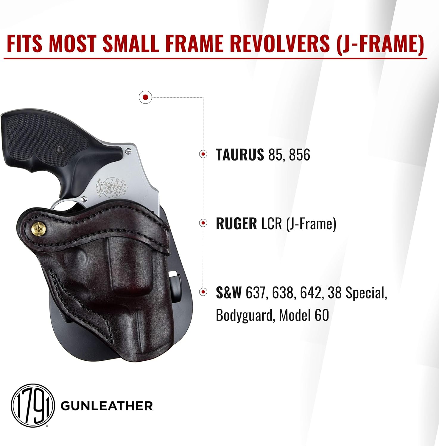 1791 GUNLEATHER J-Frame Revolver Paddle Holster - OWB CCW Leather Gun Holster for Belts - Right Handed - Fits All J-Frame Revolvers Including S&W and Ruger LCR not Taurus