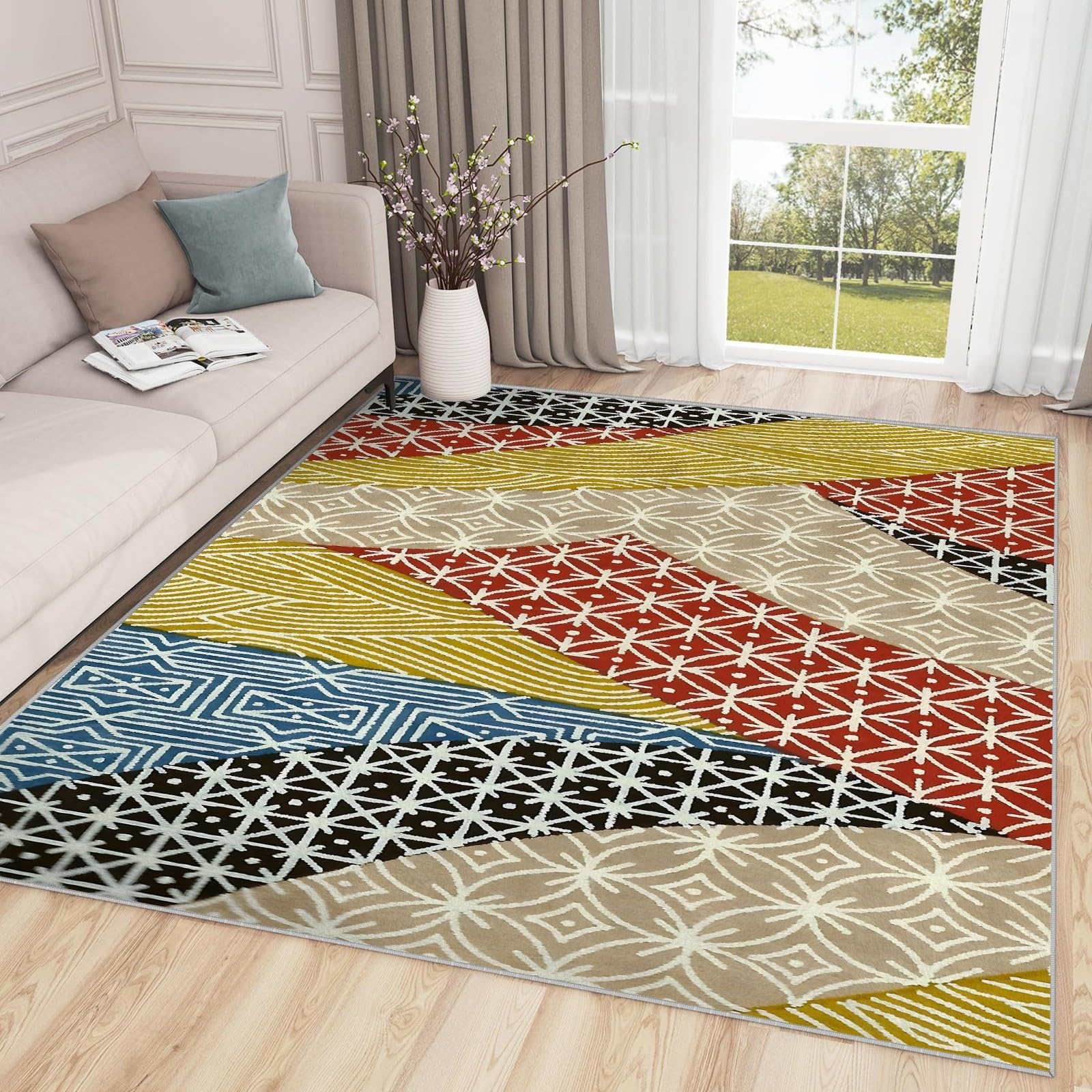 Grand tapis intérieur doux pour salon chaleureux style patchwork géométrique 180x200