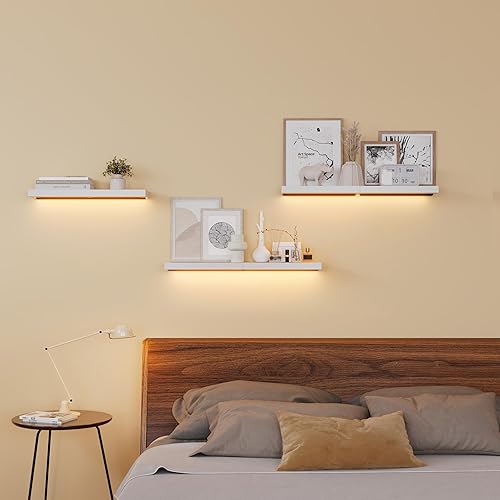 EUREKA ERGONOMIC Estantes flotantes con luces LED, luz de control por aplicación, regulable, estante de exhibición montado en la pared para