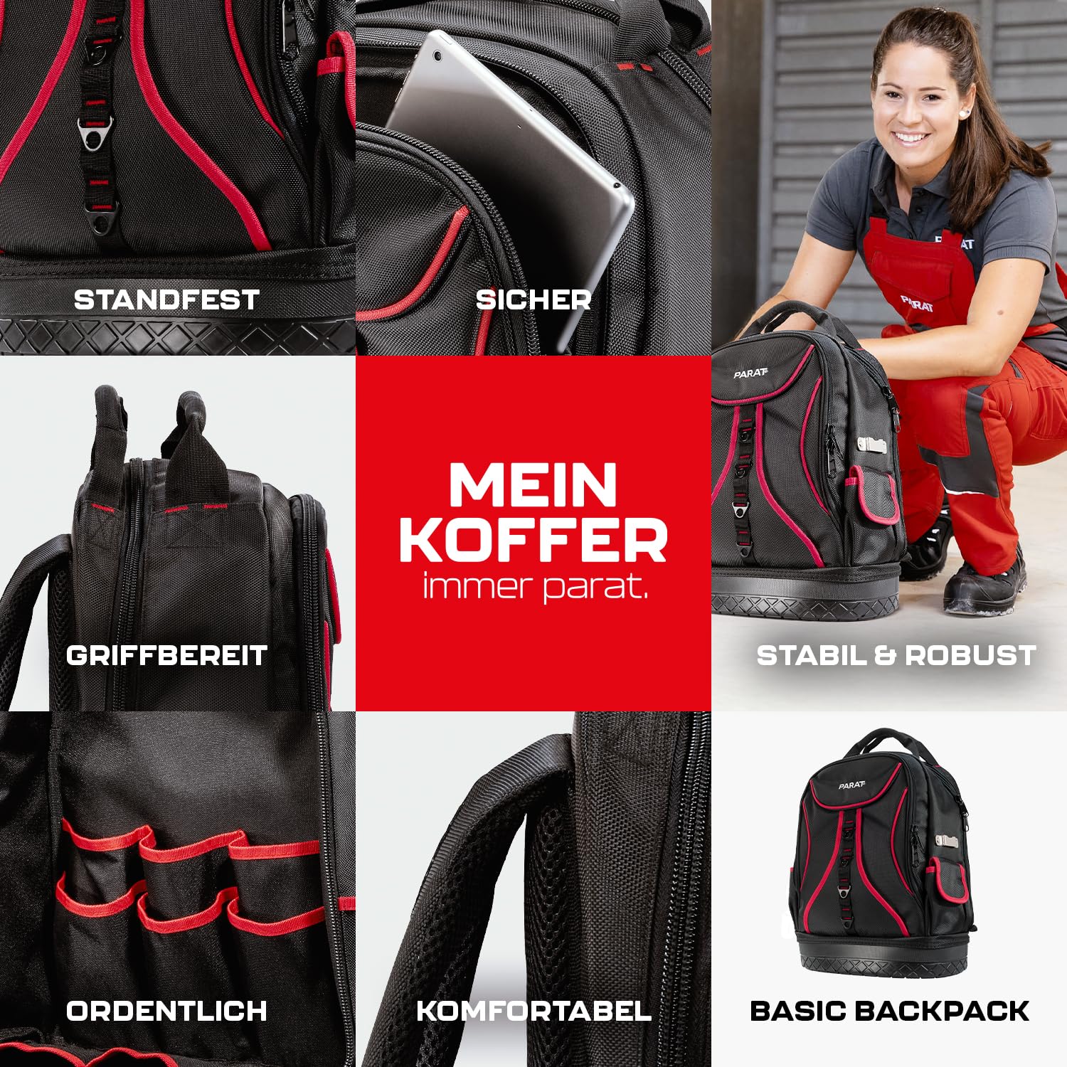 PARAT BASIC Backpack | Inkl. BASIC Roll-Up Case 8 | Werkzeugrucksack 23L für Elektriker | Robuster Nylon Rucksack | Werkzeugrucksack mit 15 Fächern & 6 Gummischlaufen | Elektriker Rucksack