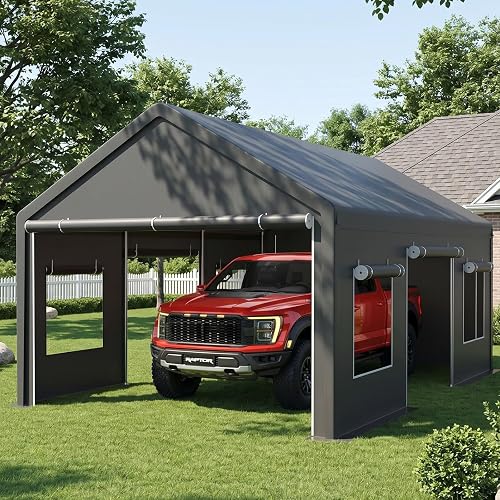 12x20 Heavy Duty Carport Canopy, All-Weather Protection, Grey | Portable Car Port with Side Removable Door & Roll-Up Windows. Waterproof & UV Protection fo Car, Truck, Boat, SUV.