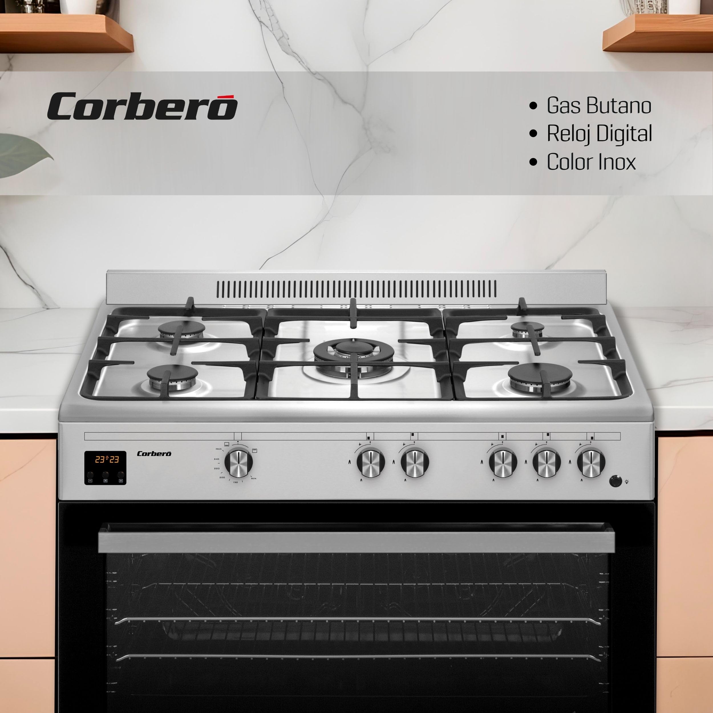 Corberó - Cocina de Gas Butano | CC900X | Horno 96L Panorámico | 5 Fuegos con Opción Wok | Autoencendido Integrado | Fácil Limpieza | Sin Tapa | Inox