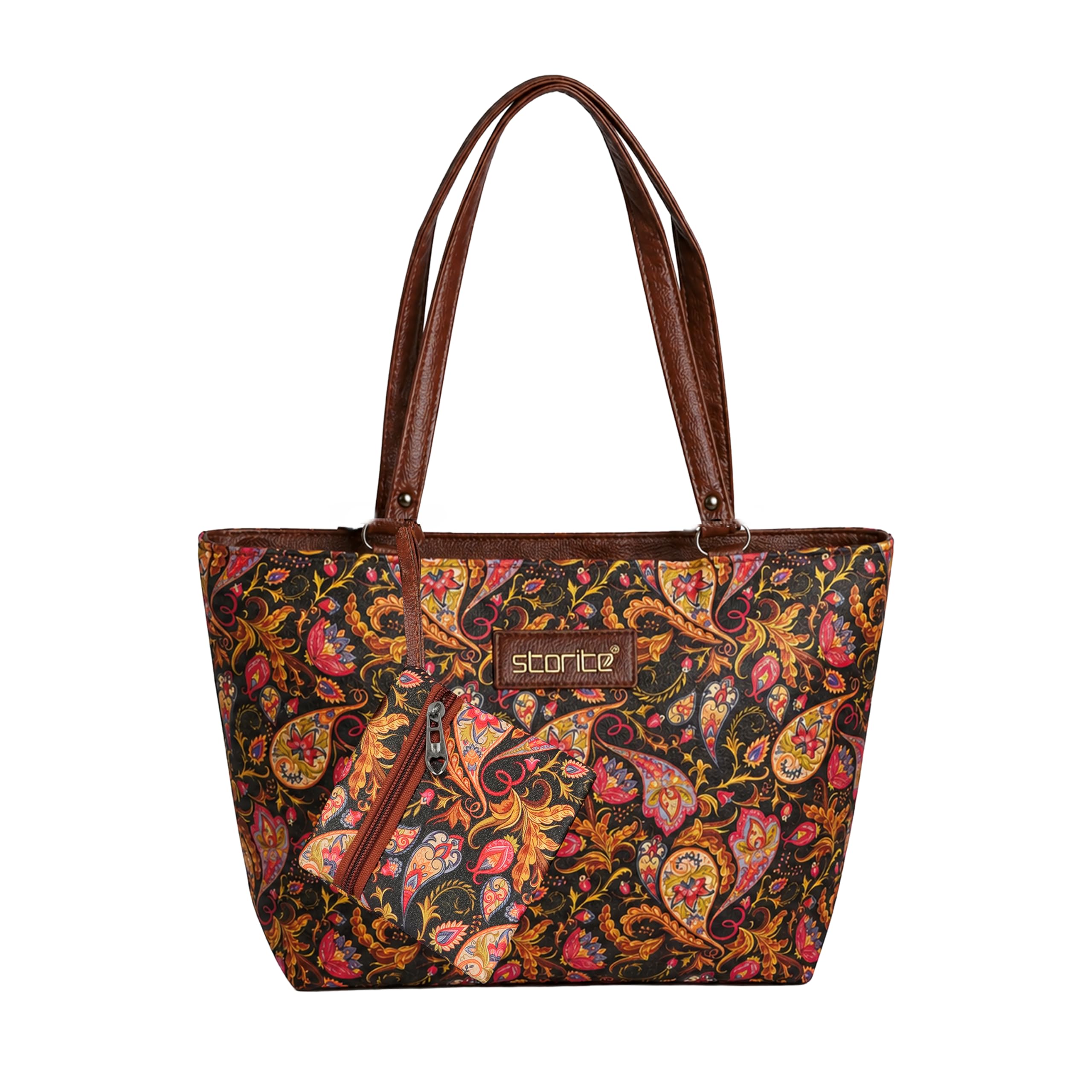 Women’s Tote Bag with Pouch | Peacock Pattern Large Shoulder Handbag | Lightweight Travel Office Shopping College Carry Bag with PU Leather Handles - Cream-image-12