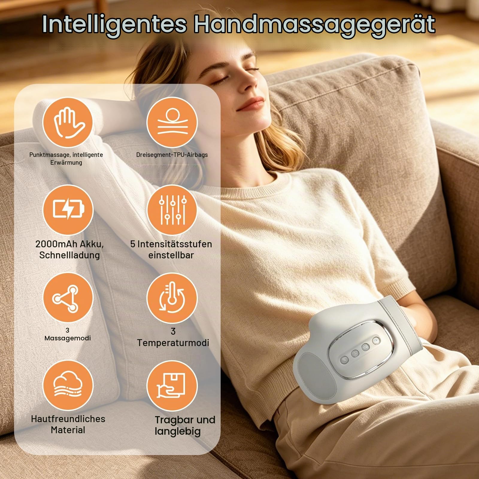 Handmassagegerät mit Wärmefunktion, Intelligenter Elektrische Handmassager, zur Entspannung von Händen und Handgelenken, Massager Schmerzlinderung für Finger, 3 Temperatureinstellungen & 5 StäRke