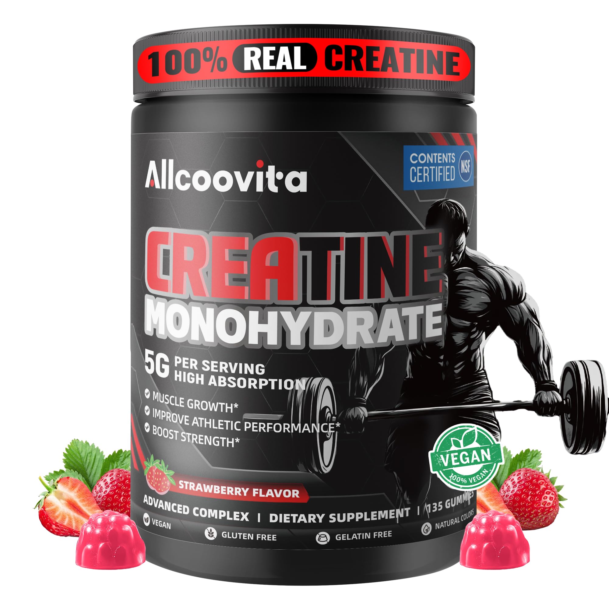 Allcoovita NSF Certified Creatine Gummy 5g - Creatine Monohydrate Gummies for Men &amp; Women. Boost Focus,Strength, and Endurance, Anti-Melting Formula, Vegan, Gluten-Free, Non-GMO,(Strawberry 135 ct)