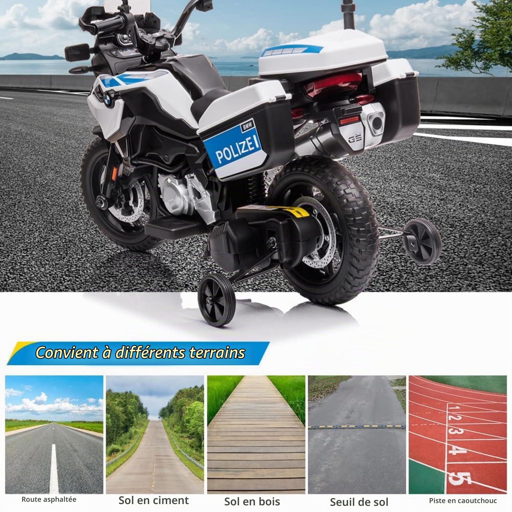 Moto Électrique Enfant 12V 7Ah Police, avec Musique MP3, Phares LED, Voiture électrique Enfants pour Enfants d'Âge Préscolaire, Moto Enfant 3 à 8 Ans pour Jardin et Extérieu