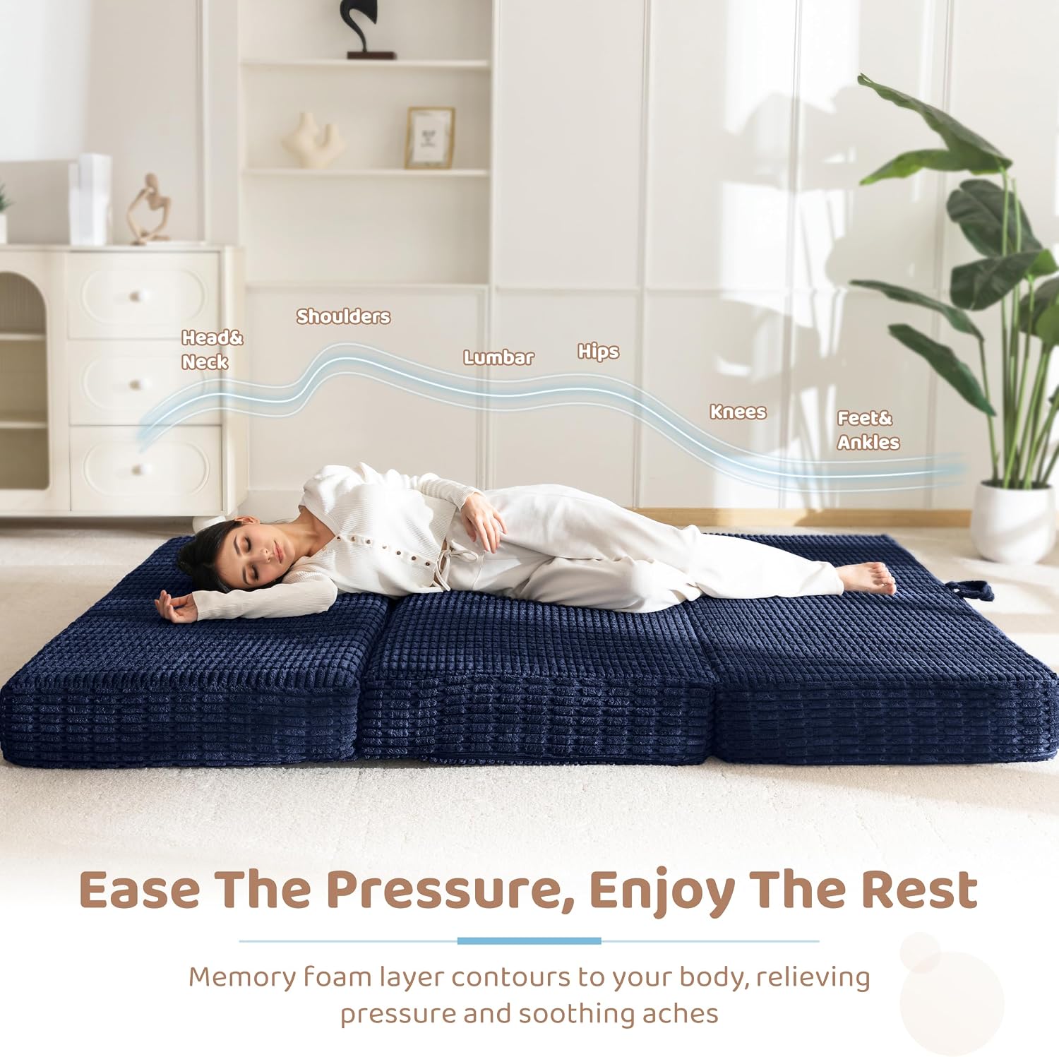 BYBYME Memory Foam Tri-Folding Mattress, 6 Inch Gel Folding Mattress Topper, Foldable Soft Guest Bed Camping Pad, with Washable Cover