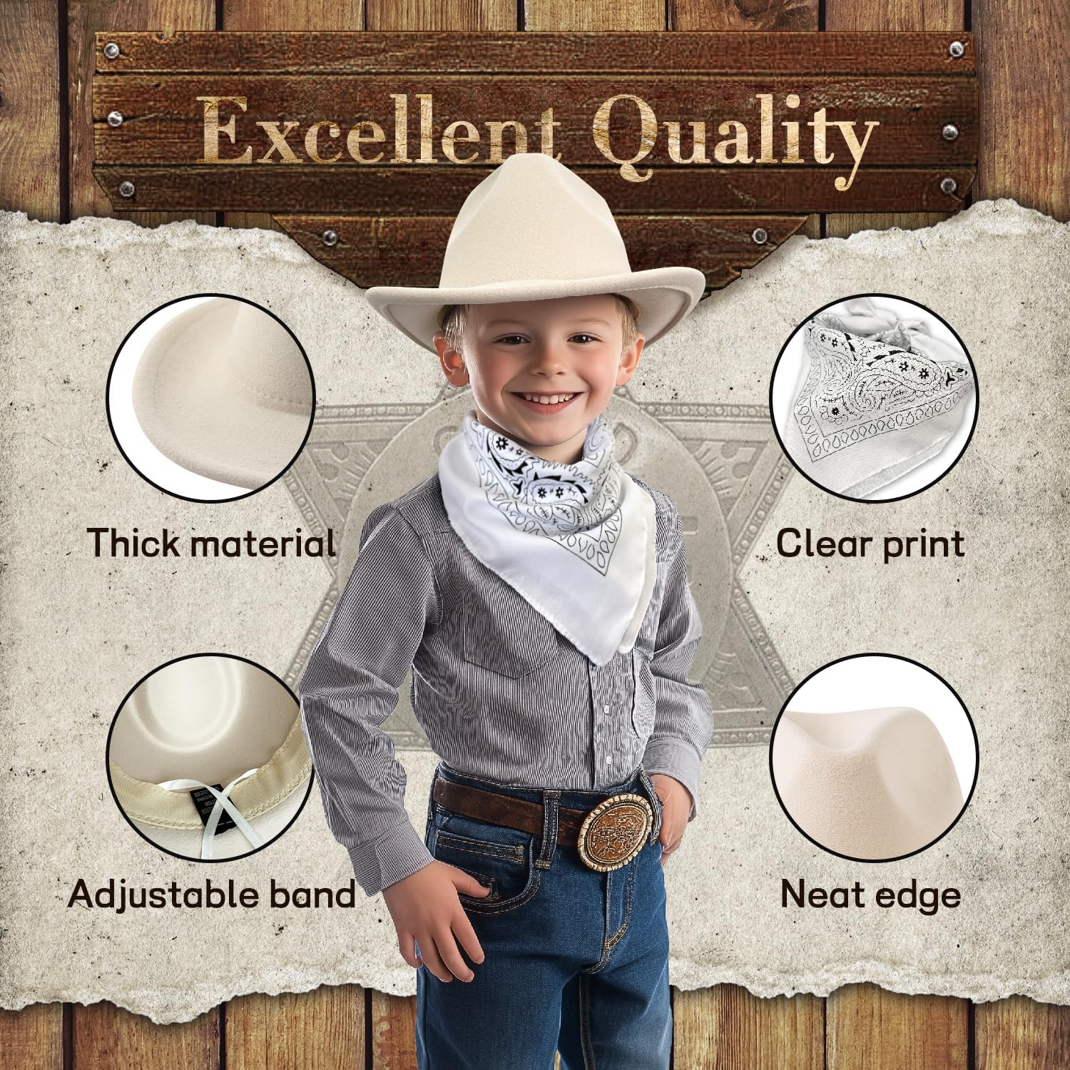 SeptCity Kids Cowboy Hat and Bandana for Age 5-10, Cowgirl Costume Set for Boys and Girls